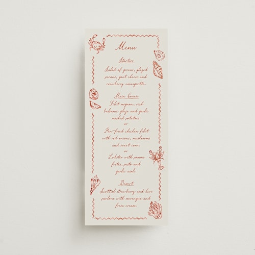 This is a coral menu cards with standard by Pati Cascino called puglia printing on signature in 4x9