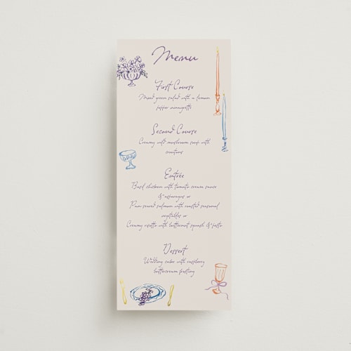 This is a hydrangea menu cards with standard by Cass Loh called tablescape drawing printing on signature in 4x9