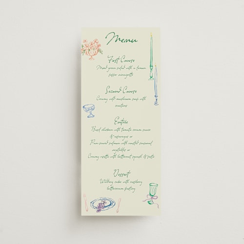This is a garden menu cards with standard by Cass Loh called tablescape drawing printing on signature in 4x9