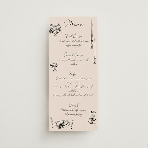 This is a black dahlia menu cards with standard by Cass Loh called tablescape drawing printing on signature in 4x9