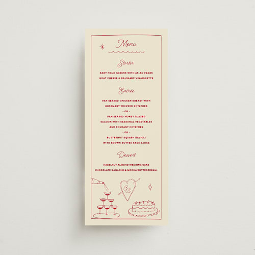 This is a strawberry menu cards with standard by Helena Vitto called crazy little thing called love printing on signature in 4x9
