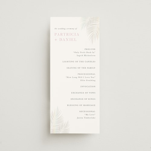 This is a ombre unique wedding programs with foil pressed by lulu and isabelle called sunset by the sea printing on signature in 4x9