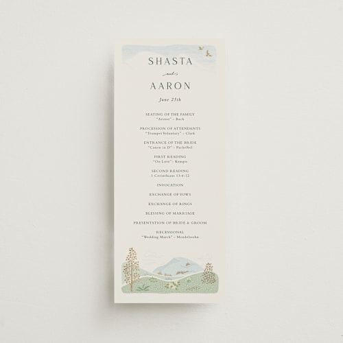 This is a evergreen unique wedding programs with foil pressed by Paper Sun Studio called mountaintop printing on signature in standard