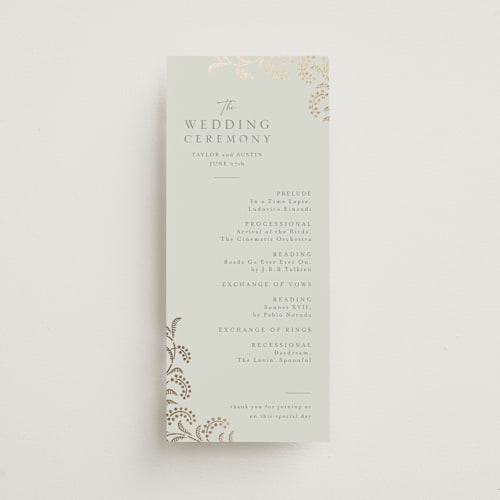 This is a willow unique wedding programs with foil pressed by Leia Matt called riviera printing on signature in 4x9