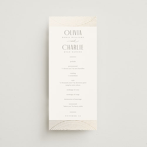 This is a alabaster unique wedding programs with foil pressed by Pixel and Hank called moderne printing on signature in standard