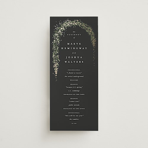 This is a tuxedo unique wedding programs with foil pressed by Leah Bisch called winter garland printing on signature in 4x9