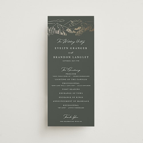 This is a hunter unique wedding programs with foil pressed by Sarah Brown called peaks printing on signature in 4x9