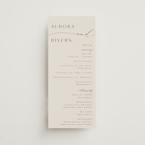 This is a smoke unique wedding programs with foil pressed by Olivia Raufman called gathering printing on signature in 4x9
