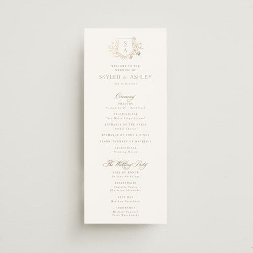 This is a champagne unique wedding programs with foil pressed by Cass Loh called floral crest printing on signature in standard