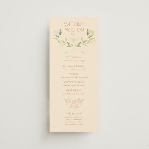 This is a spring garden unique wedding programs with foil pressed by Simona Camp called gilded tapestry printing on signature in 4x9