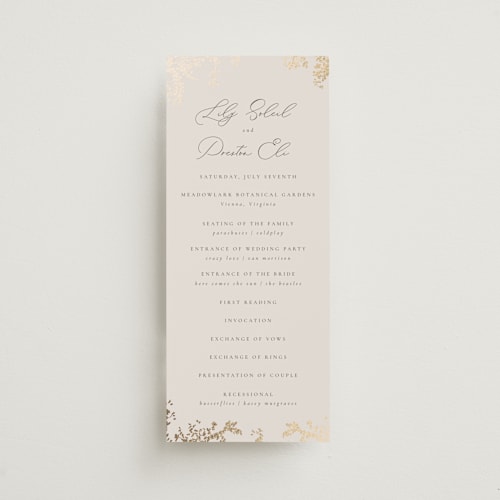 This is a luxe neutral unique wedding programs with foil pressed by Design Lotus called forever and a day printing on signature in standard
