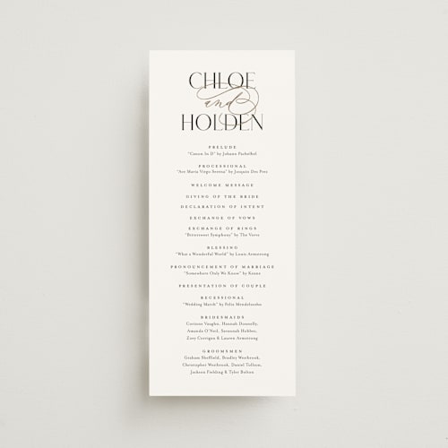 This is a sugar unique wedding programs with foil pressed by Jessica Williams called idyllic printing on signature in 4x9