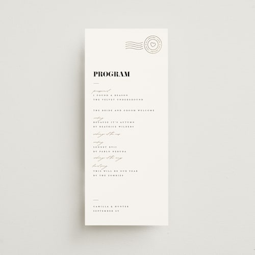 This is a snow unique wedding programs with foil pressed by FRANI called golden stamp printing on signature in 4x9