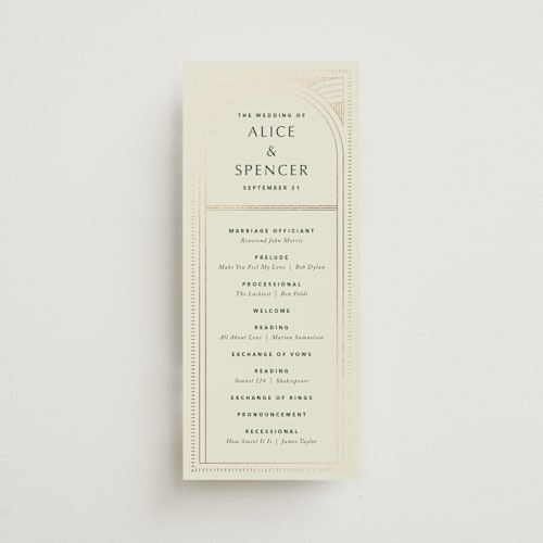 This is a fir unique wedding programs with foil pressed by Kindred Fields called deco arch printing on signature in 4x9
