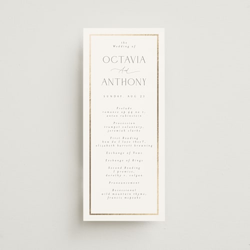 This is a porcelain unique wedding programs with foil pressed by Nicole Walsh called regal printing on signature in standard