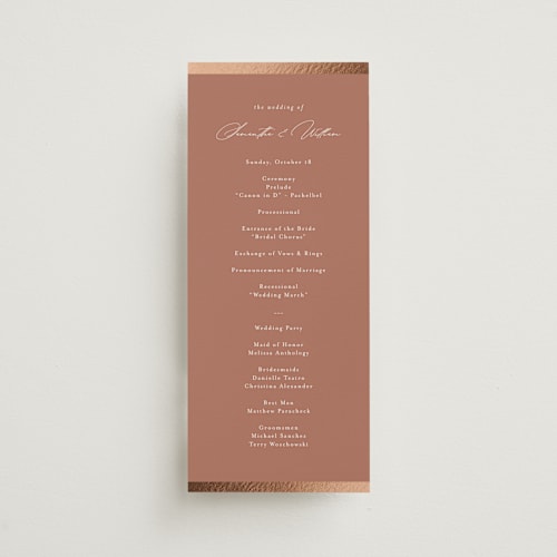 This is a terracotta unique wedding programs with foil pressed by Nicole Walsh called surround printing on signature in 4x9