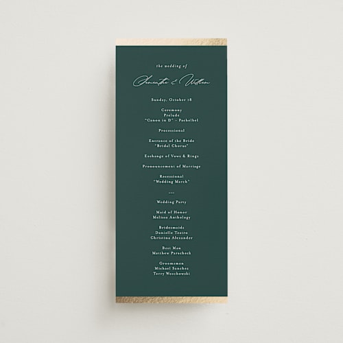 This is a emerald unique wedding programs with foil pressed by Nicole Walsh called surround printing on signature in 4x9