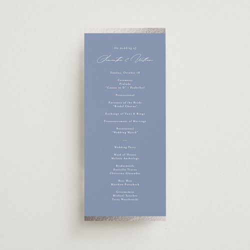This is a cornflower blue unique wedding programs with foil pressed by Nicole Walsh called surround printing on signature in 4x9