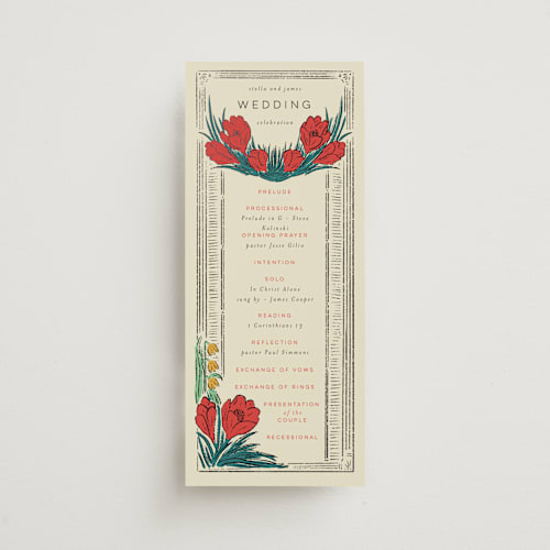 This is a birch unique wedding programs with foil pressed by Shiny Penny Studio called deco spring florals printing on signature in 4x9