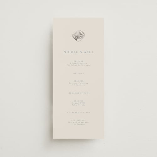 This is a sea spray unique wedding programs with foil pressed by Hannah Bowman called simple seashell printing on signature in 4x9