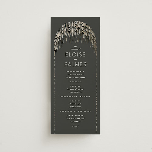 This is a midnight unique wedding programs with foil pressed by Leah Bisch called fringe printing on signature in standard