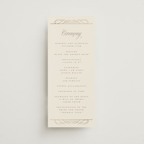 This is a cream unique wedding programs with foil pressed by Katie Zimpel called simple art nouveau printing on signature in standard