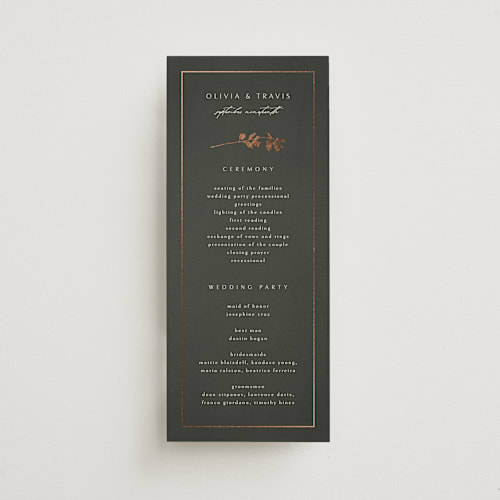 This is a ivy unique wedding programs with foil pressed by Kelly Schmidt called quince printing on signature in standard