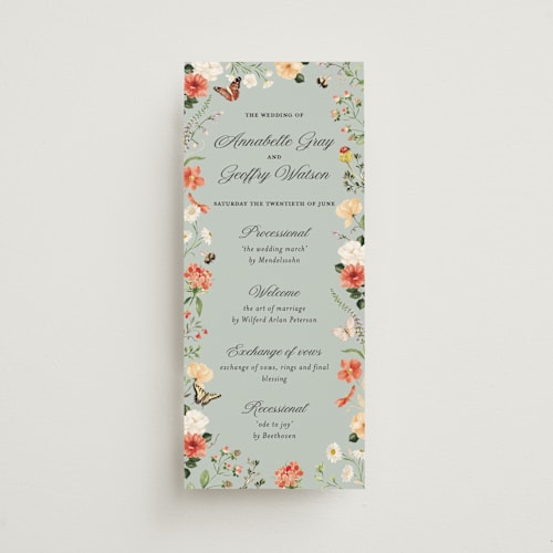 This is a mist unique wedding programs with foil pressed by Sarah Knight called fleur printing on signature in 4x9