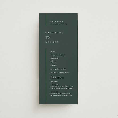 This is a evergreen unique wedding programs with foil pressed by Kelly Schmidt called london printing on signature in 4x9
