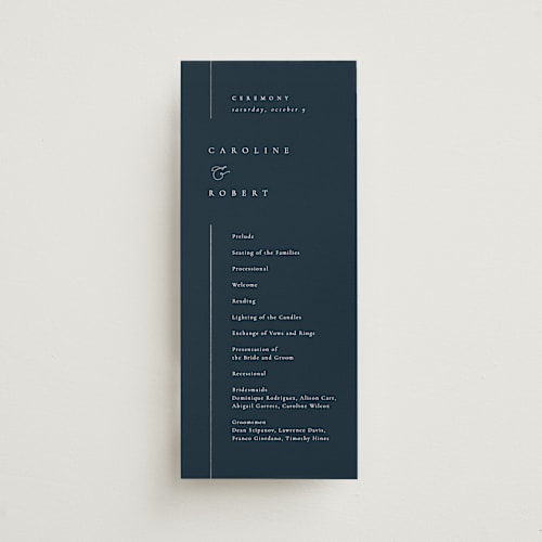 This is a navy unique wedding programs with foil pressed by Kelly Schmidt called london printing on signature in 4x9