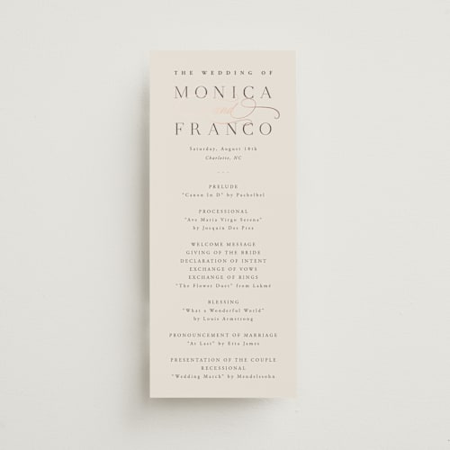 This is a cream unique wedding programs with foil pressed by Hooray Creative called and centered printing on signature in standard