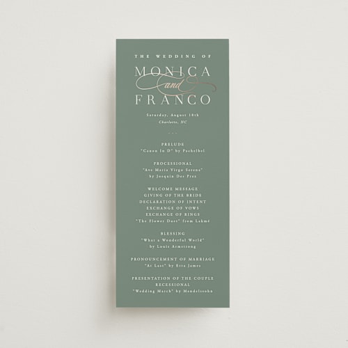 This is a eucalyptus unique wedding programs with foil pressed by Hooray Creative called and centered printing on signature in 4x9