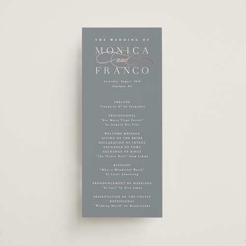 This is a slate unique wedding programs with foil pressed by Hooray Creative called and centered printing on signature in 4x9
