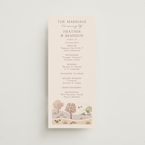 This is a rose quartz unique wedding programs with foil pressed by Paper Sun Studio called countryside printing on signature in standard