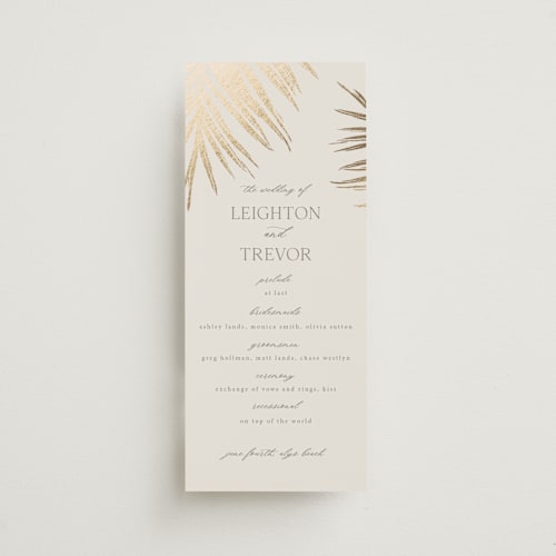 This is a sand unique wedding programs with foil pressed by Melinda Denison called gilded palm printing on signature in standard