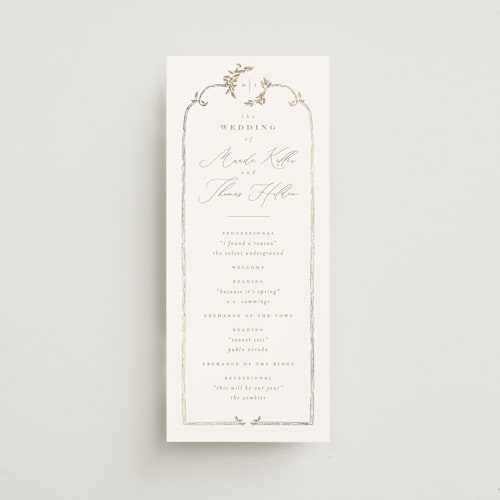 This is a porcelain unique wedding programs with foil pressed by Leah Bisch called reflection printing on signature in standard