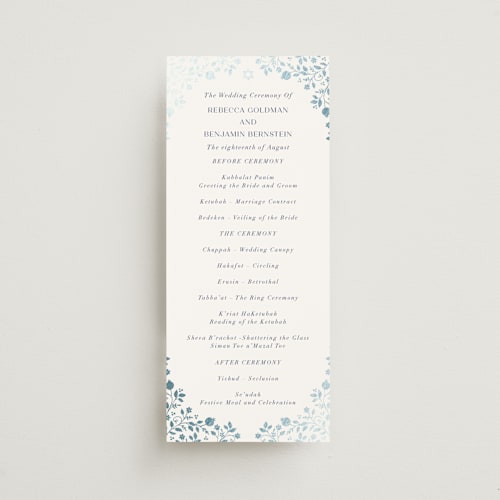 This is a royal unique wedding programs with foil pressed by Nam Bourassa called pomegranate floral frame printing on signature in 4x9