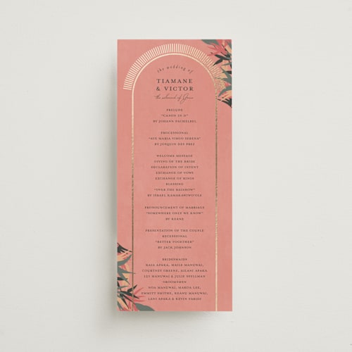This is a coral unique wedding programs with foil pressed by Julie Hebert called birds of paradise printing on signature in 4x9