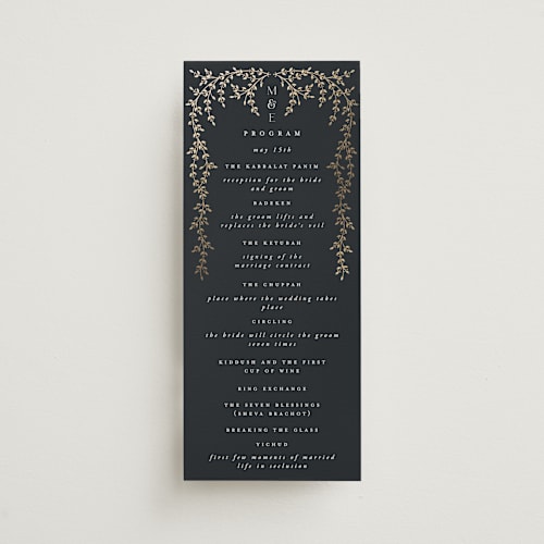 This is a midnight unique wedding programs with foil pressed by Ana de Sousa called beautiful chuppah printing on signature in 4x9