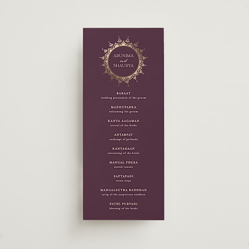 This is a plum unique wedding programs with foil pressed by Randi Cirelli called arunima printing on signature in 4x9