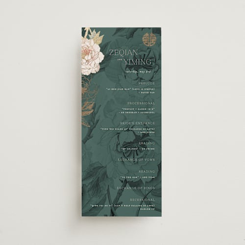 This is a evergreen unique wedding programs with foil pressed by fatfatin called auspicious peonies printing on signature in 4x9