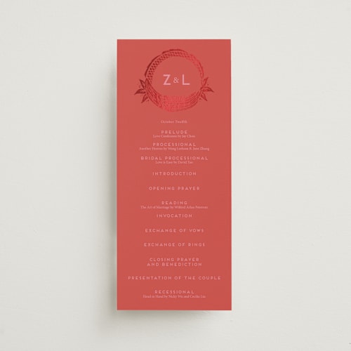 This is a ruby unique wedding programs with foil pressed by Ghia Designs called fiery printing on signature in 4x9