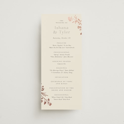 This is a creme brulee unique wedding programs with foil pressed by Jennifer Wick called queen anne's lace printing on signature in standard