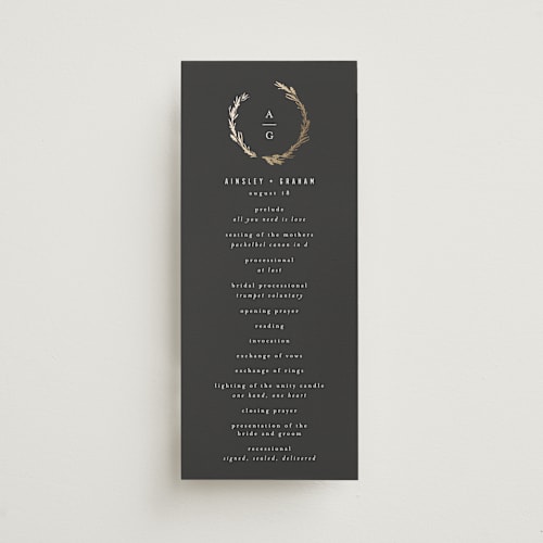 This is a onyx unique wedding programs with foil pressed by Kristie Kern called panache printing on signature in standard
