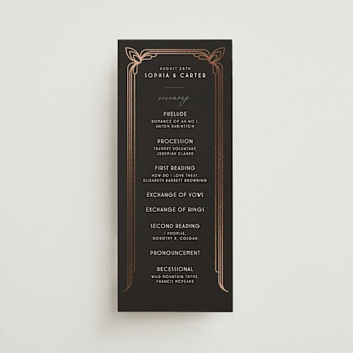 This is a midnight unique wedding programs with foil pressed by GeekInk Design called geometric deco printing on signature in standard