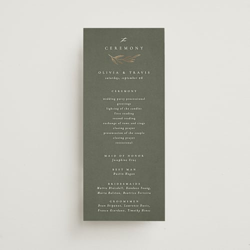 This is a moss unique wedding programs with foil pressed by Kelly Schmidt called leaves printing on signature in 4x9