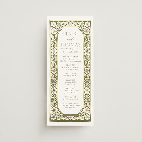 This is a avocado unique wedding programs with foil pressed by Katharine Watson called inlay frame printing on signature in standard