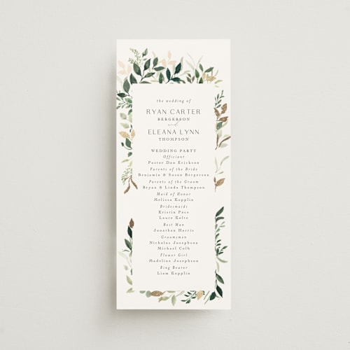 This is a greenery unique wedding programs with foil pressed by Itsy Belle Studio called garden serenity printing on signature in standard