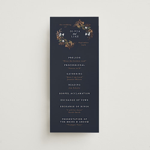 This is a navy unique wedding programs with foil pressed by Alethea and Ruth called illuminated storybook printing on signature in 4x9