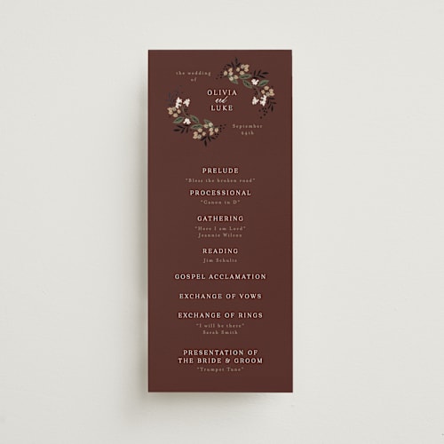 This is a almond unique wedding programs with foil pressed by Alethea and Ruth called illuminated storybook printing on signature in 4x9